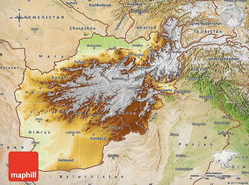 阿富汗的地势图，可见大片国境皆是高山.jpg
